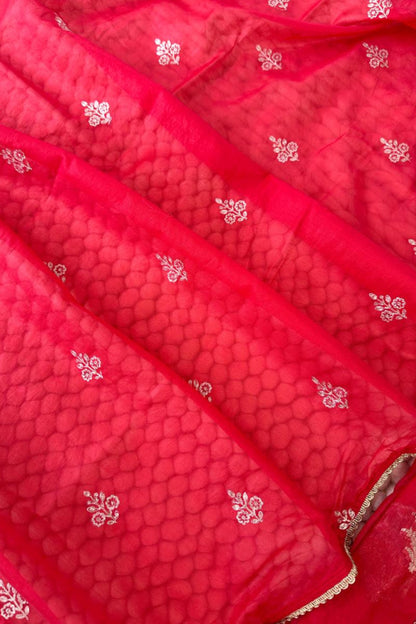 70 gm Chanderi Zardozi Hand Embroidered Red Unstitched Suit Set
