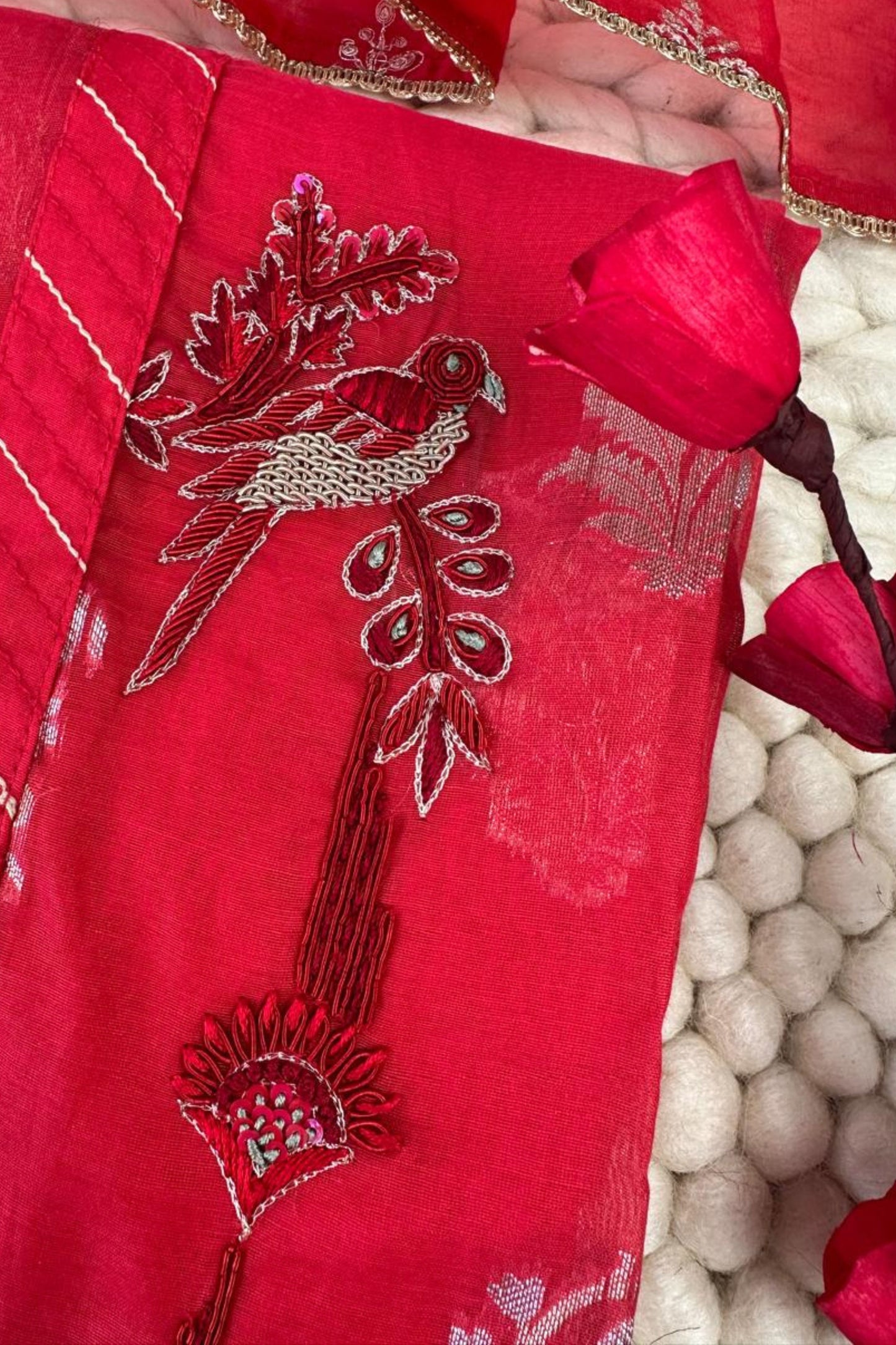 70 gm Chanderi Zardozi Hand Embroidered Red Unstitched Suit Set
