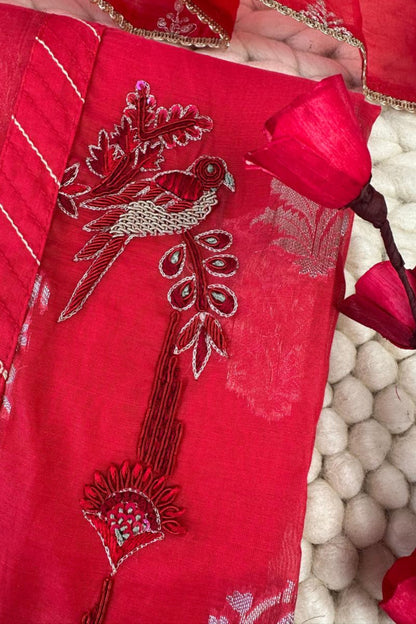 70 gm Chanderi Zardozi Hand Embroidered Red Unstitched Suit Set