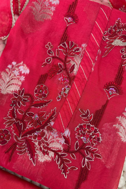 70 gm Chanderi Zardozi Hand Embroidered Red Unstitched Suit Set