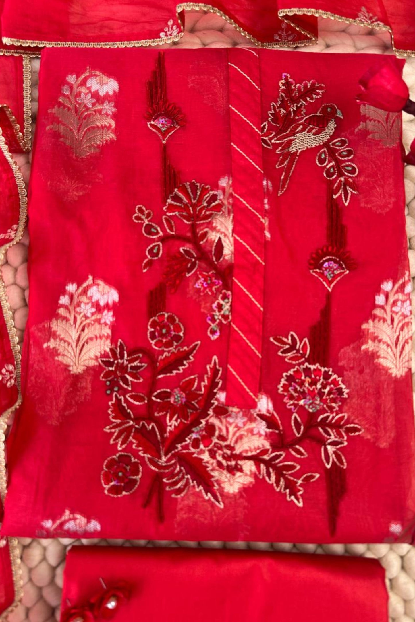 70 gm Chanderi Zardozi Hand Embroidered Red Unstitched Suit Set