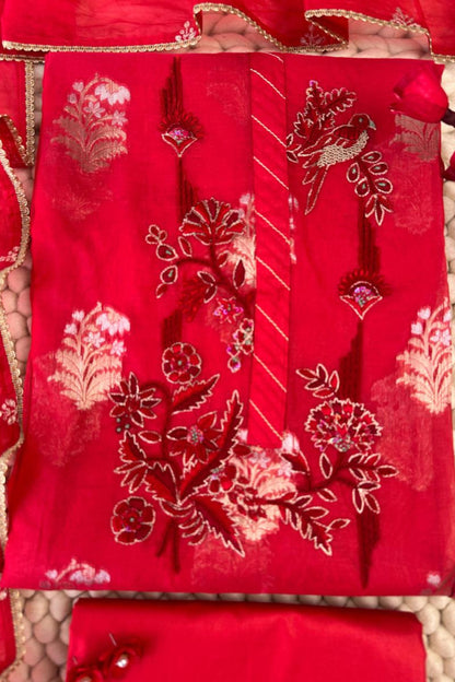 70 gm Chanderi Zardozi Hand Embroidered Red Unstitched Suit Set