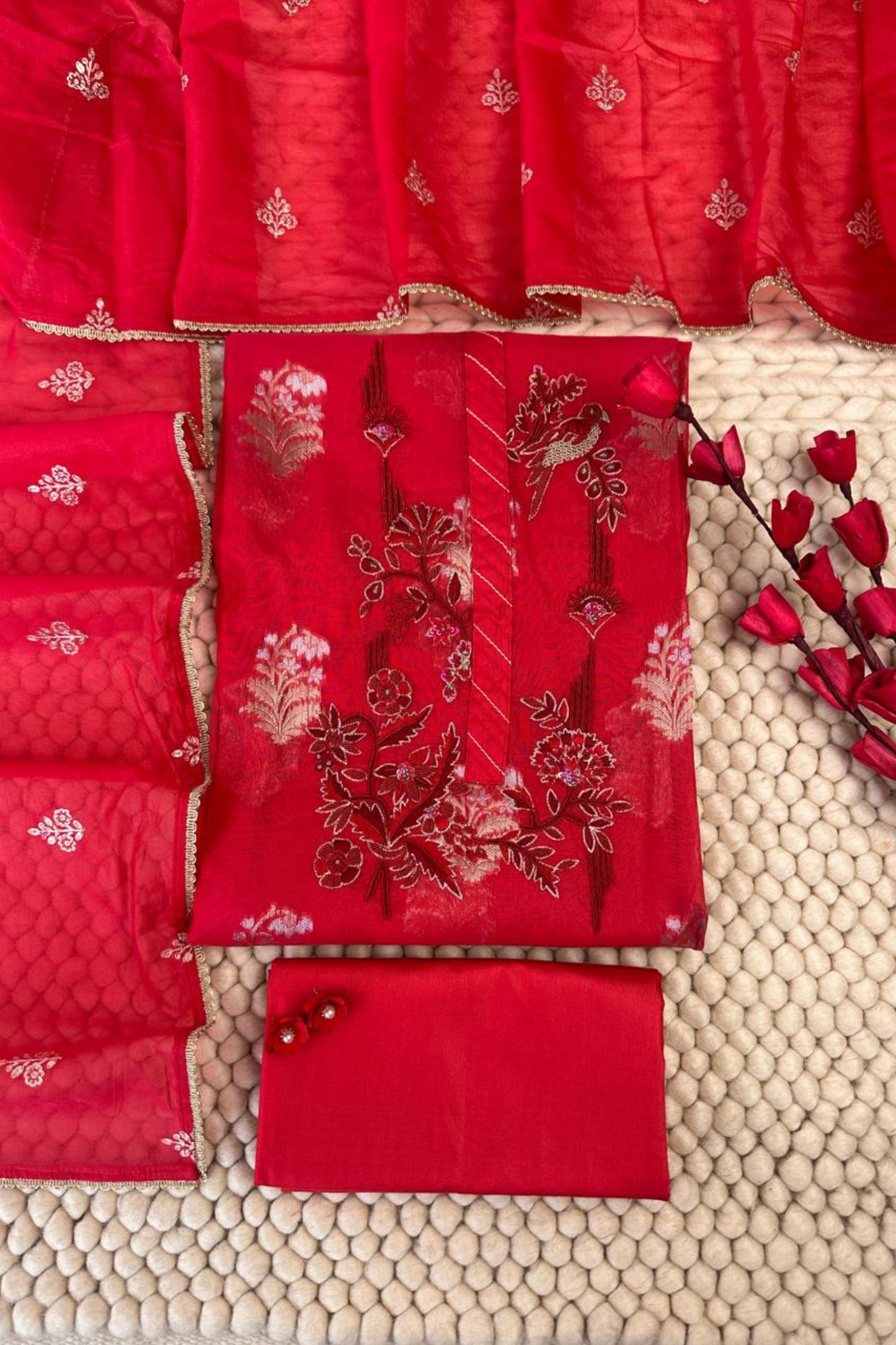 70 gm Chanderi Zardozi Hand Embroidered Red Unstitched Suit Set