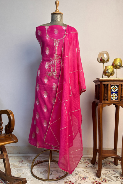 70 gm Chanderi Rani Pink Hand Embroidered  Unstitched Suit Set