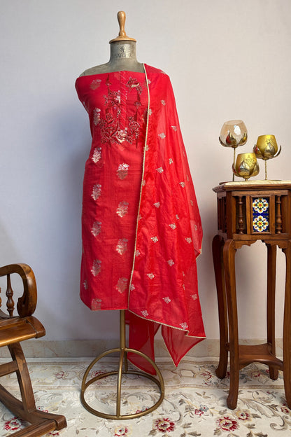 70 gm Chanderi Zardozi Hand Embroidered Red Unstitched Suit Set