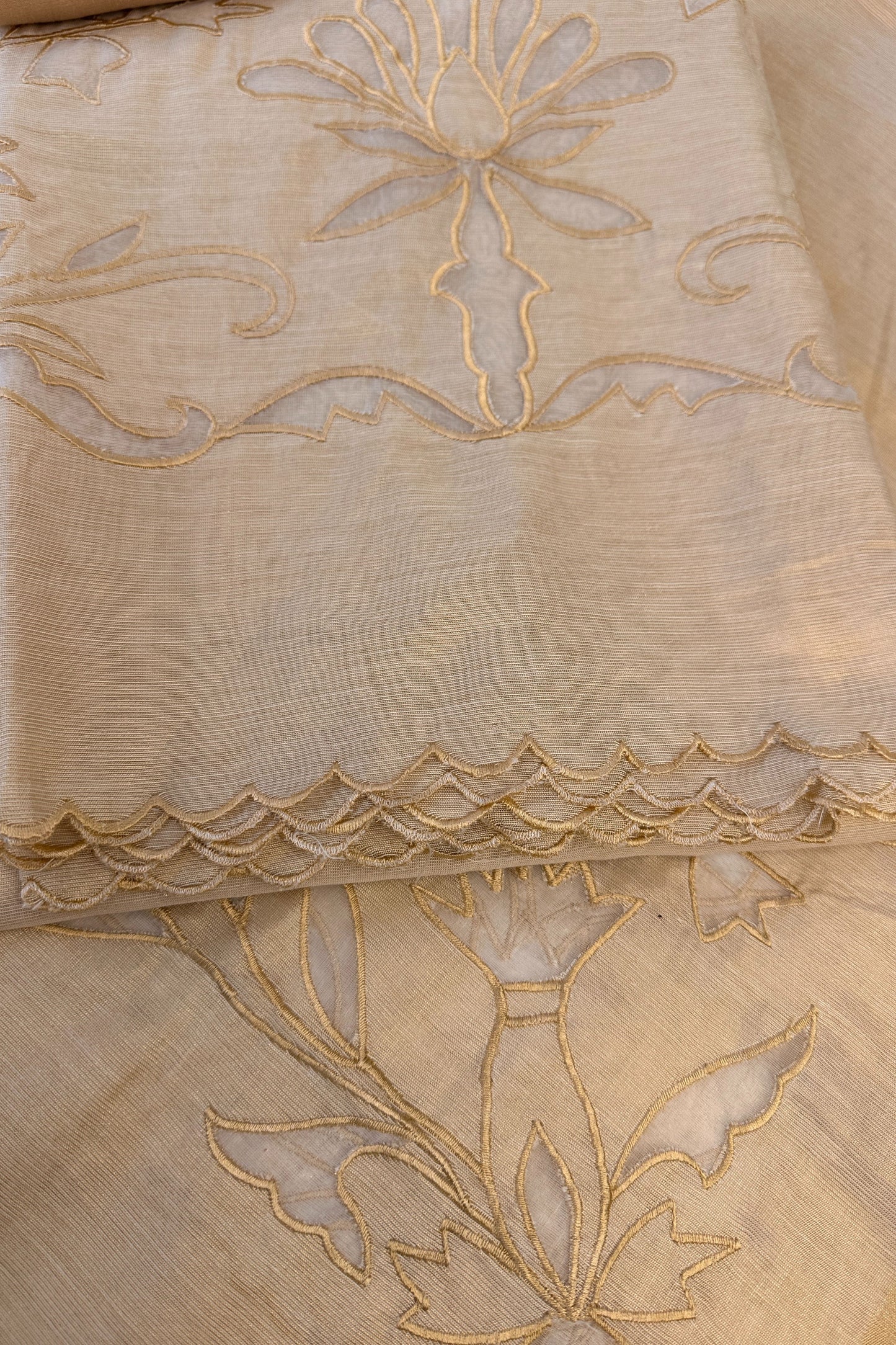 Applique Work Banarasi Tissue Unstitched Suit Set With Scalloped Border