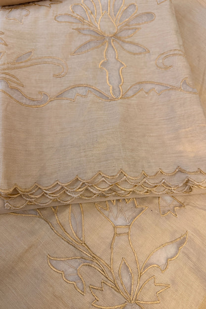 Applique Work Banarasi Tissue Unstitched Suit Set With Scalloped Border