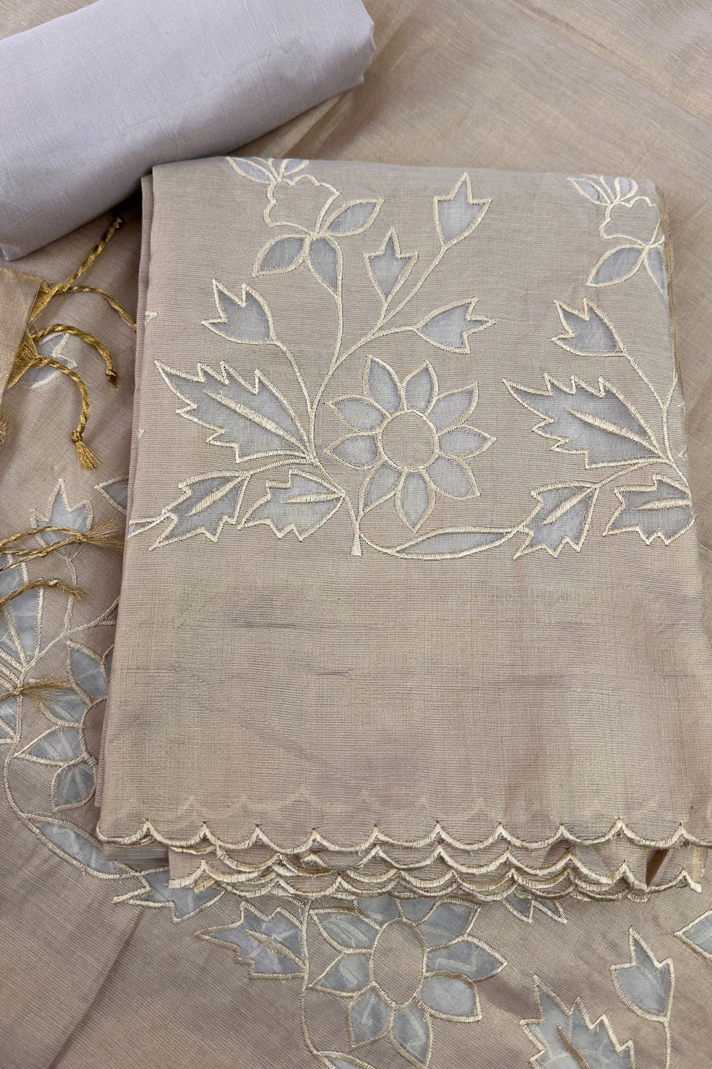 Applique Work Golden Banarasi Tissue Unstitched Suit Set With Scalloped Border