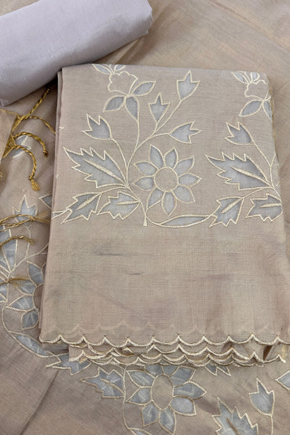 Applique Work Golden Banarasi Tissue Unstitched Suit Set With Scalloped Border