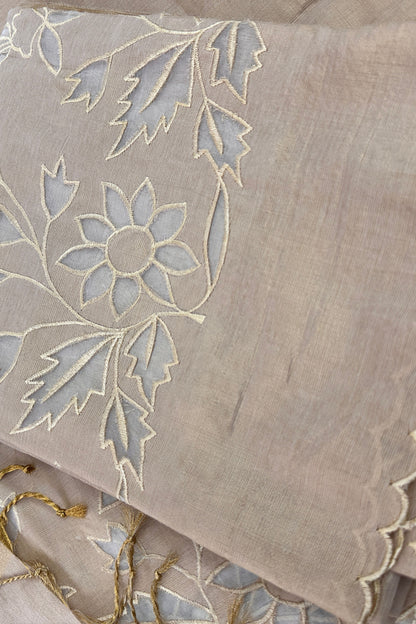 Applique Work Golden Banarasi Tissue Unstitched Suit Set With Scalloped Border