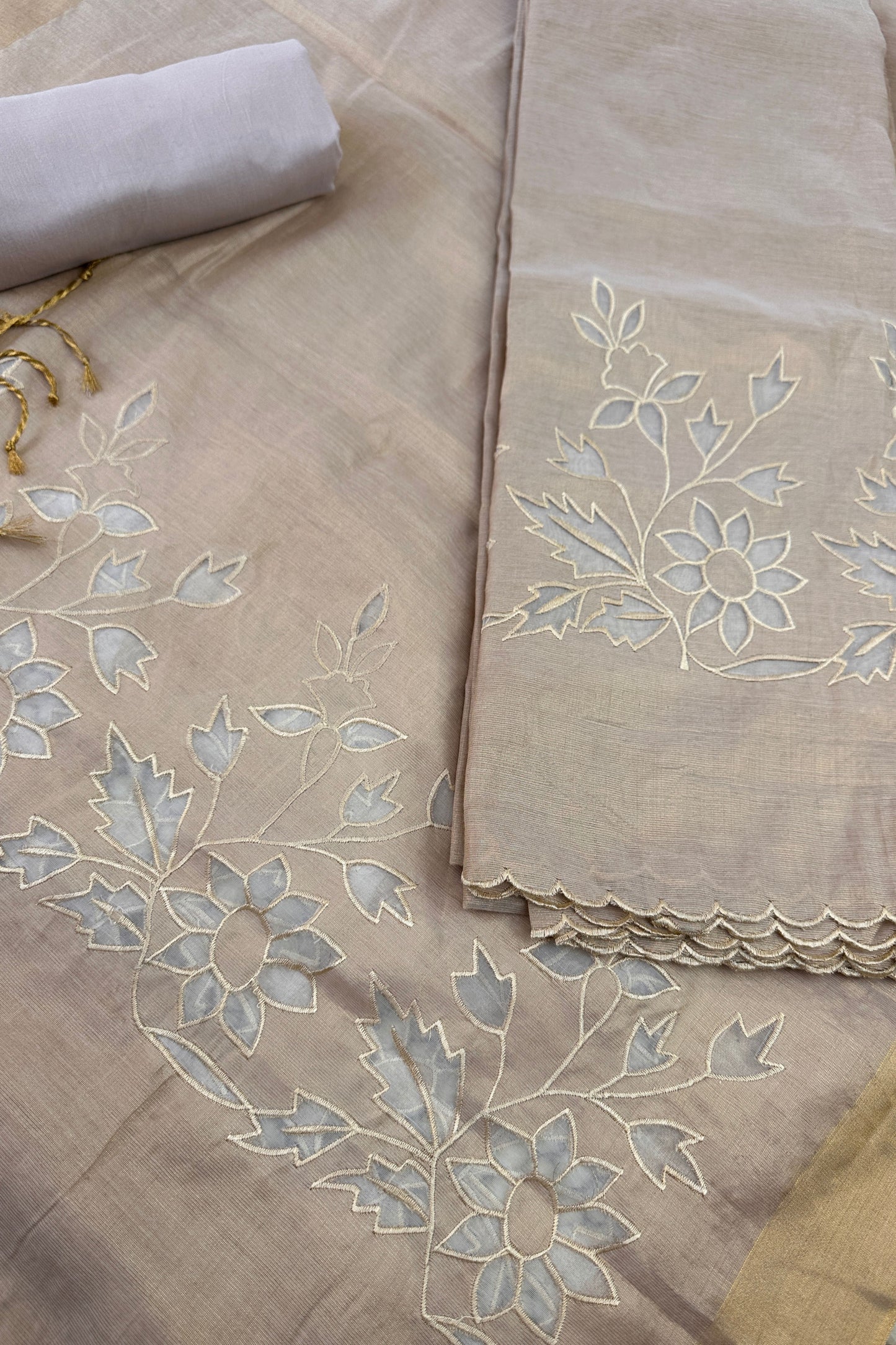 Applique Work Golden Banarasi Tissue Unstitched Suit Set With Scalloped Border