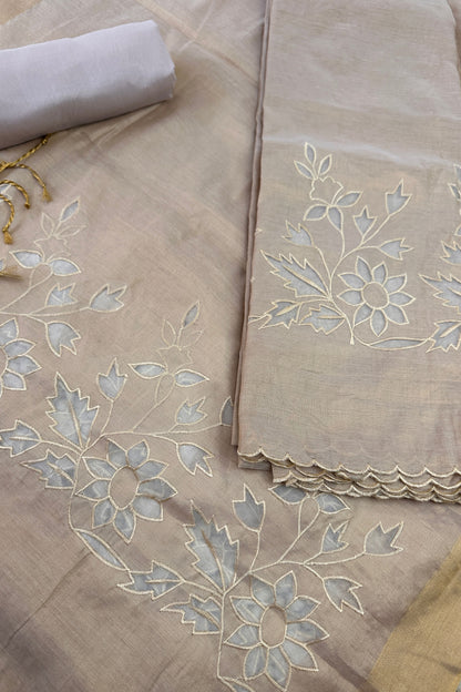 Applique Work Golden Banarasi Tissue Unstitched Suit Set With Scalloped Border