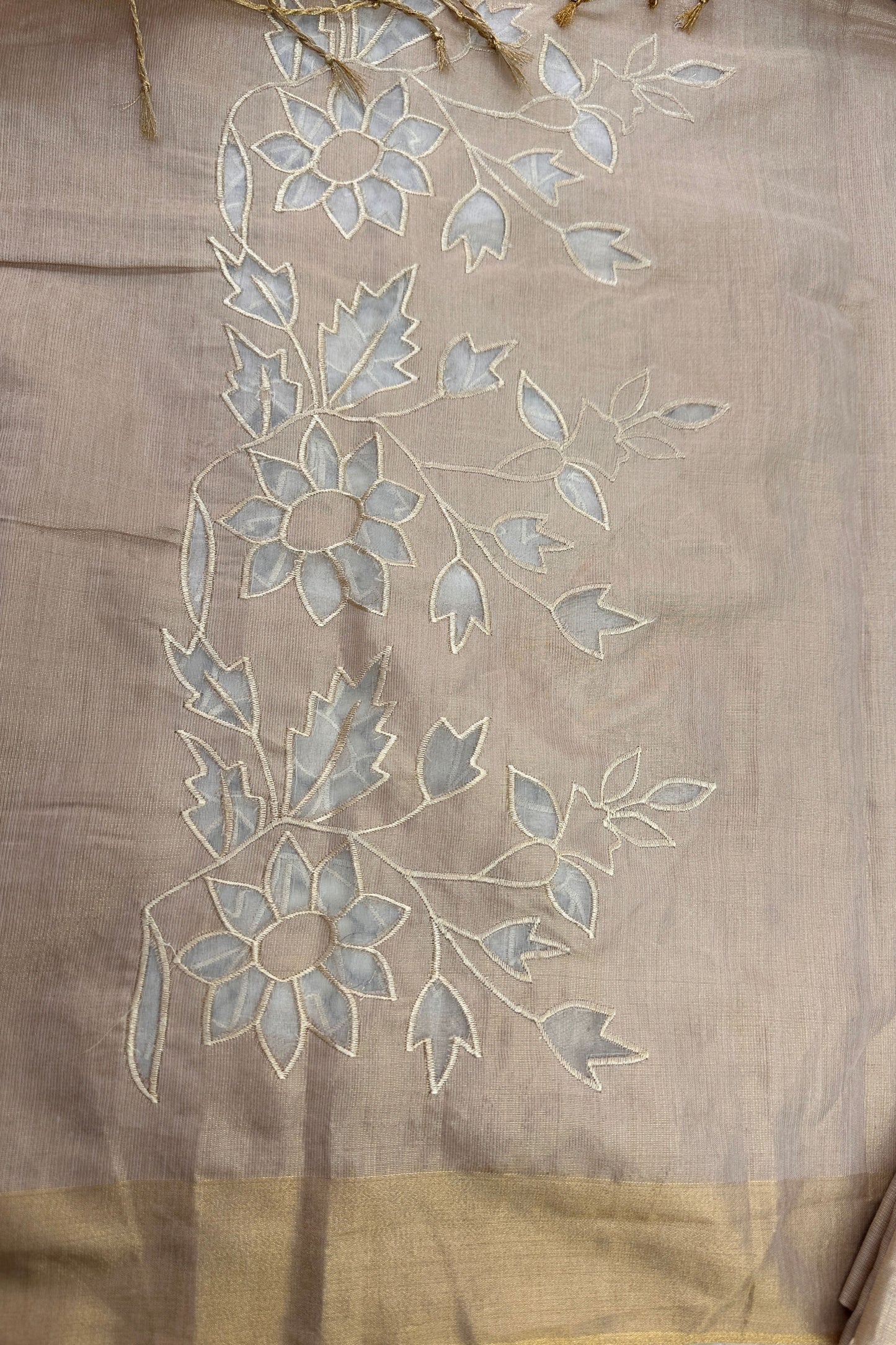 Applique Work Golden Banarasi Tissue Unstitched Suit Set With Scalloped Border