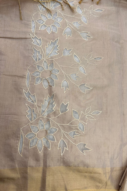 Applique Work Golden Banarasi Tissue Unstitched Suit Set With Scalloped Border