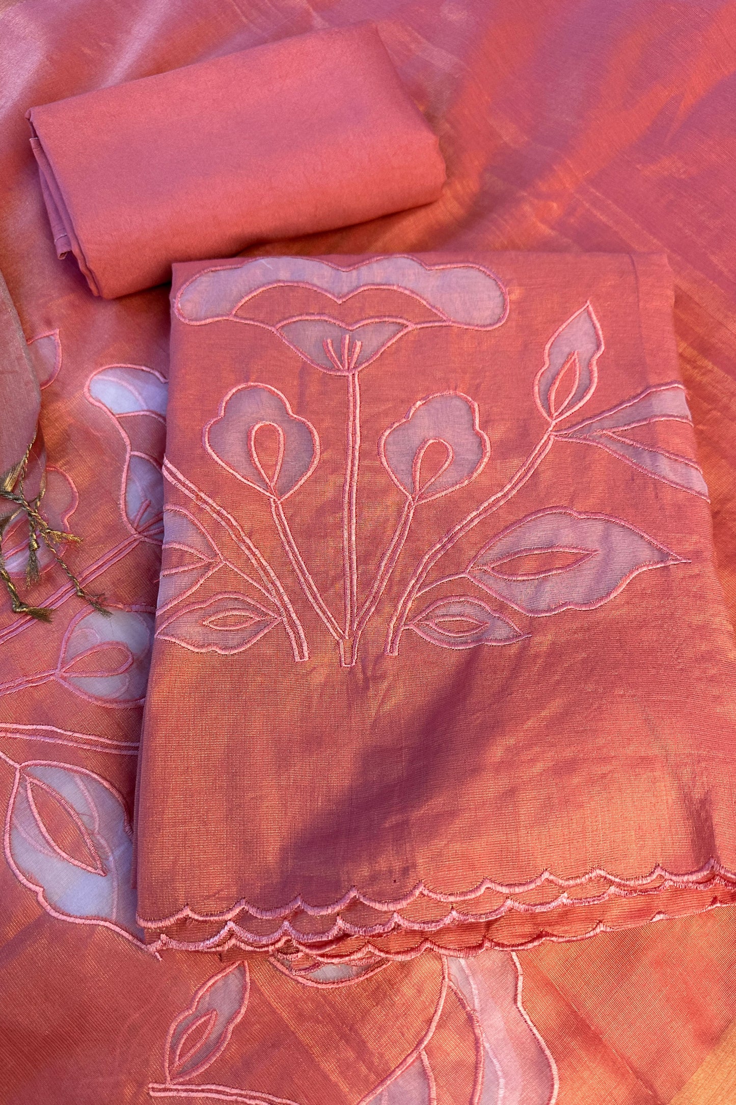 Applique Work Orange Shaded Banarasi Tissue Unstitched Suit Set