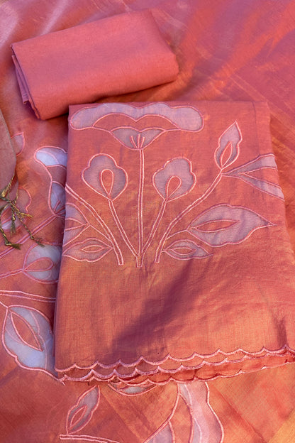 Applique Work Orange Shaded Banarasi Tissue Unstitched Suit Set
