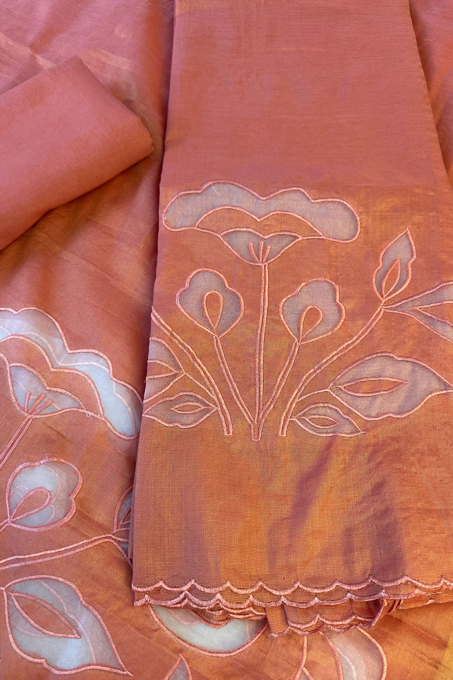 Applique Work Orange Shaded Banarasi Tissue Unstitched Suit Set