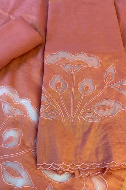 Applique Work Orange Shaded Banarasi Tissue Unstitched Suit Set