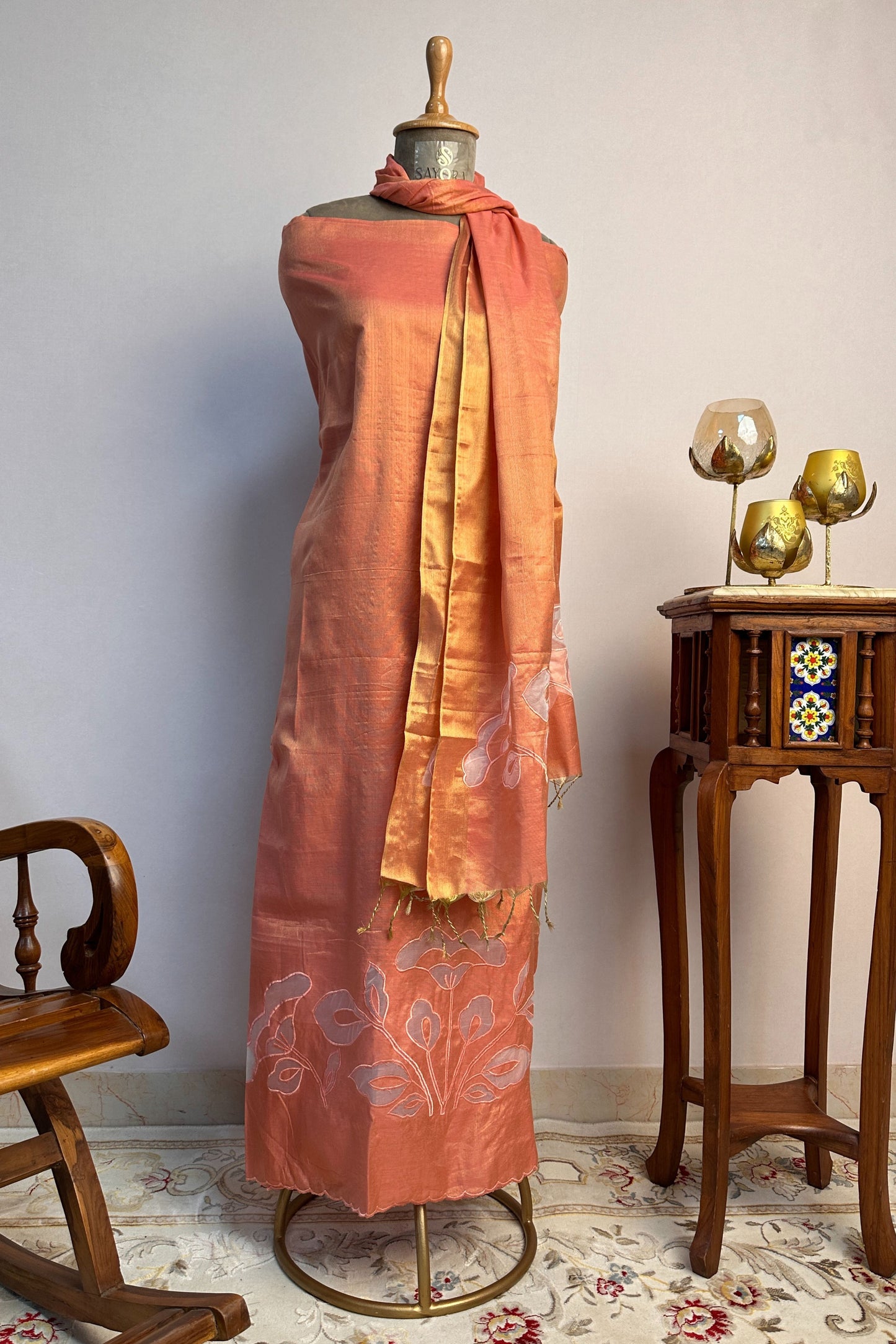 Applique Work Orange Shaded Banarasi Tissue Unstitched Suit Set