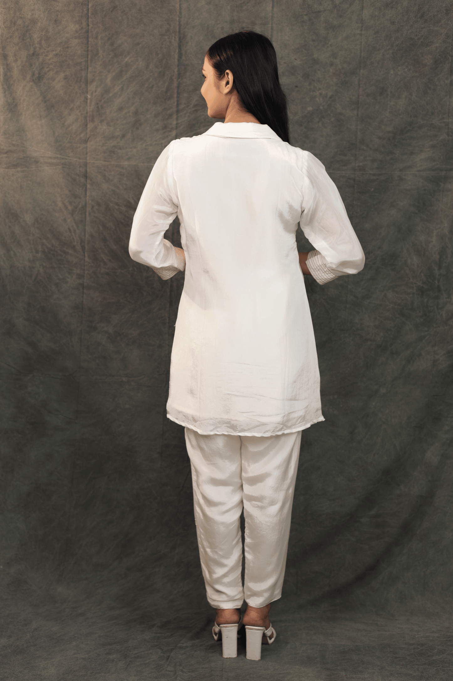 Applique work floral embroidered designer H O silk Co-ord set