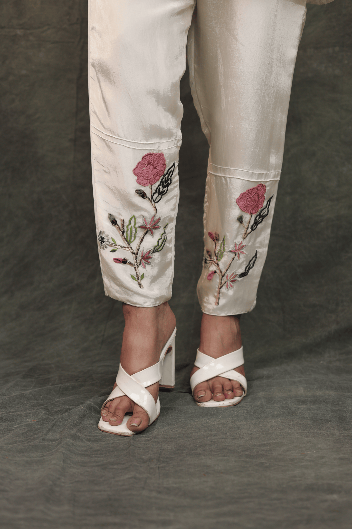 Applique work floral embroidered designer H O silk Co-ord set