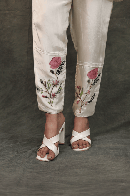 Applique work floral embroidered designer H O silk Co-ord set
