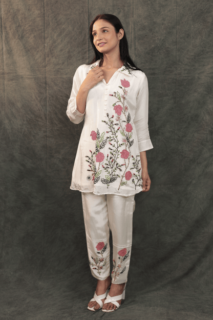 Applique work floral embroidered designer H O silk Co-ord set