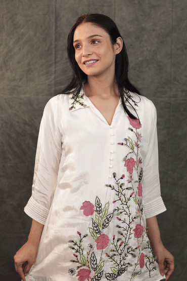 Applique work floral embroidered designer H O silk Co-ord set