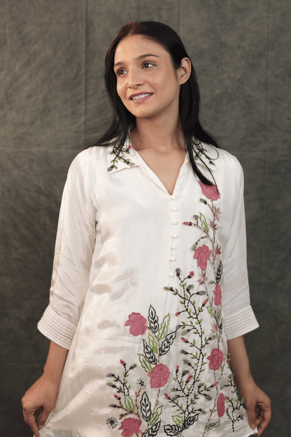 Applique work floral embroidered designer H O silk Co-ord set