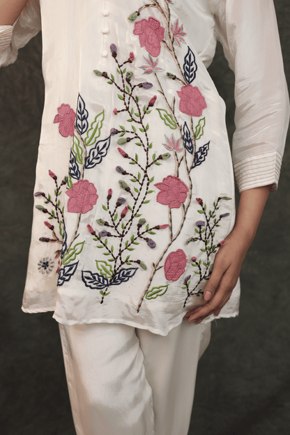 Applique work floral embroidered designer H O silk Co-ord set