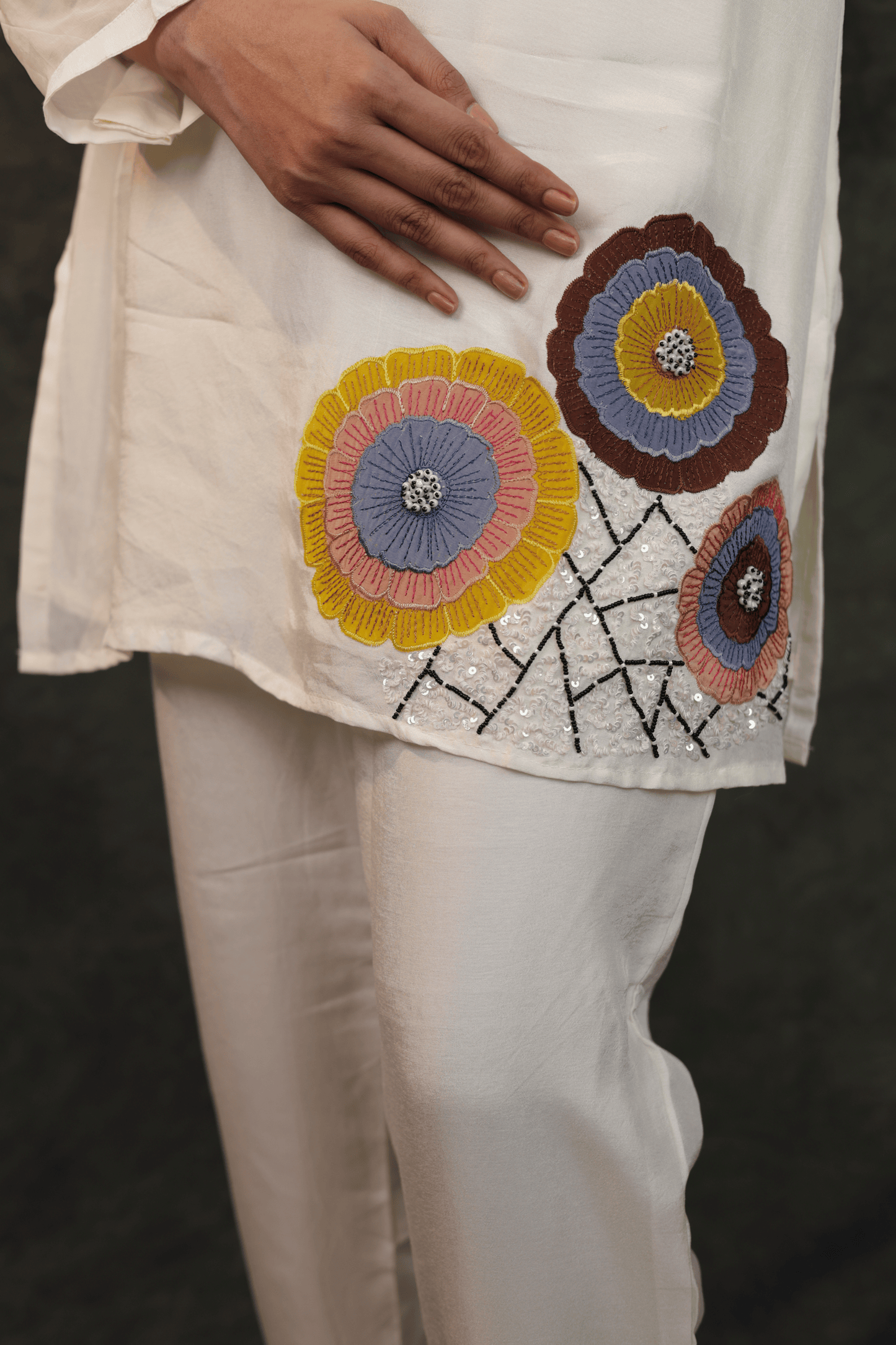 Applique work hand embroidered dola silk designer Co-ord set