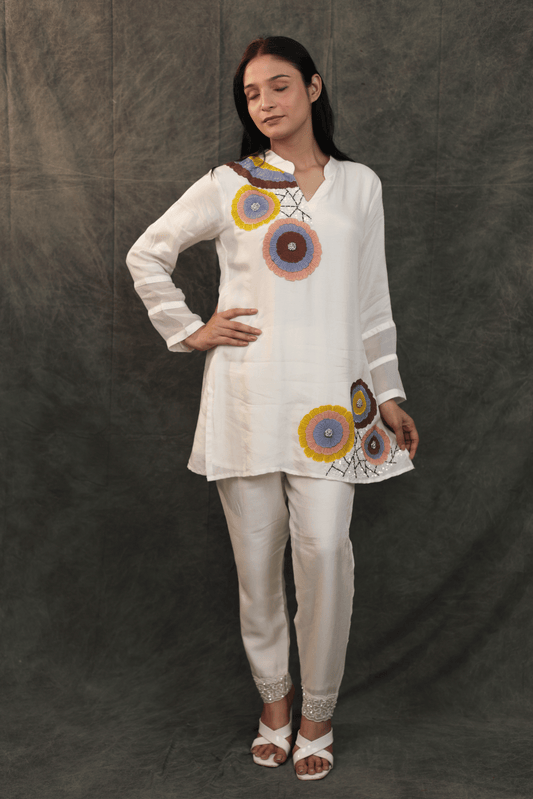 Applique work hand embroidered dola silk designer Co-ord set