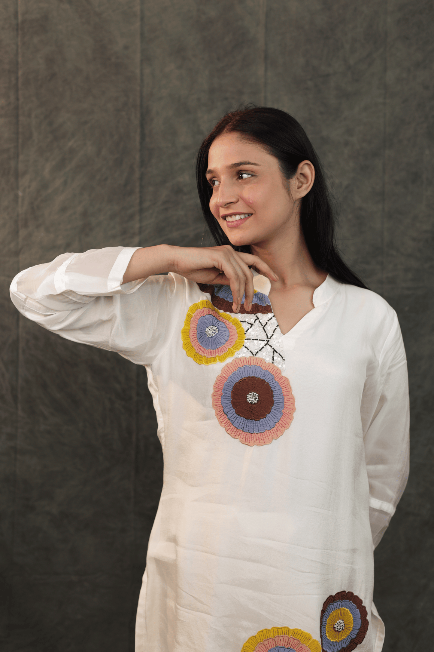 Applique work hand embroidered dola silk designer Co-ord set