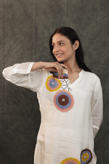 Applique work hand embroidered dola silk designer Co-ord set