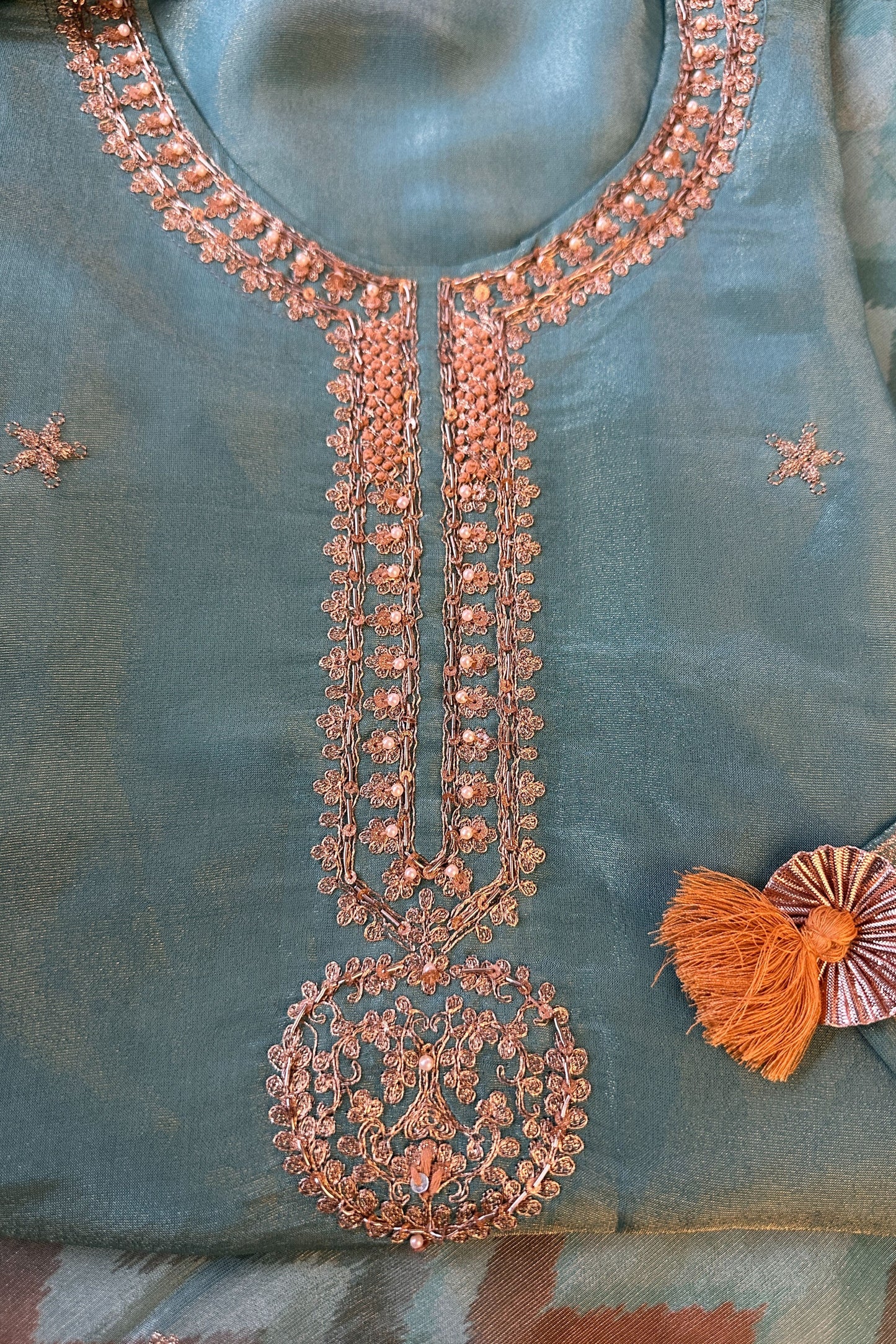 Aqua Green Silk Embroidered Semi Stitched Suit Set