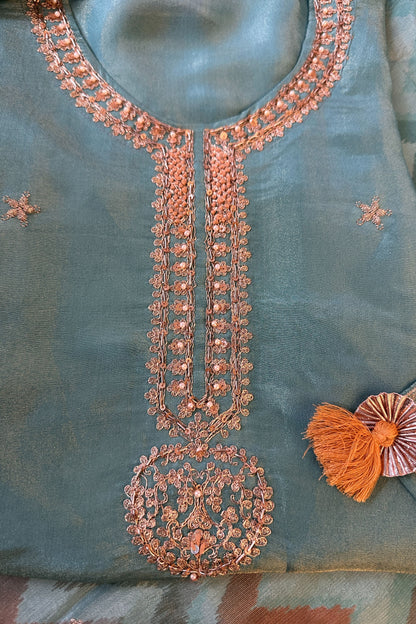 Aqua Green Silk Embroidered Semi Stitched Suit Set
