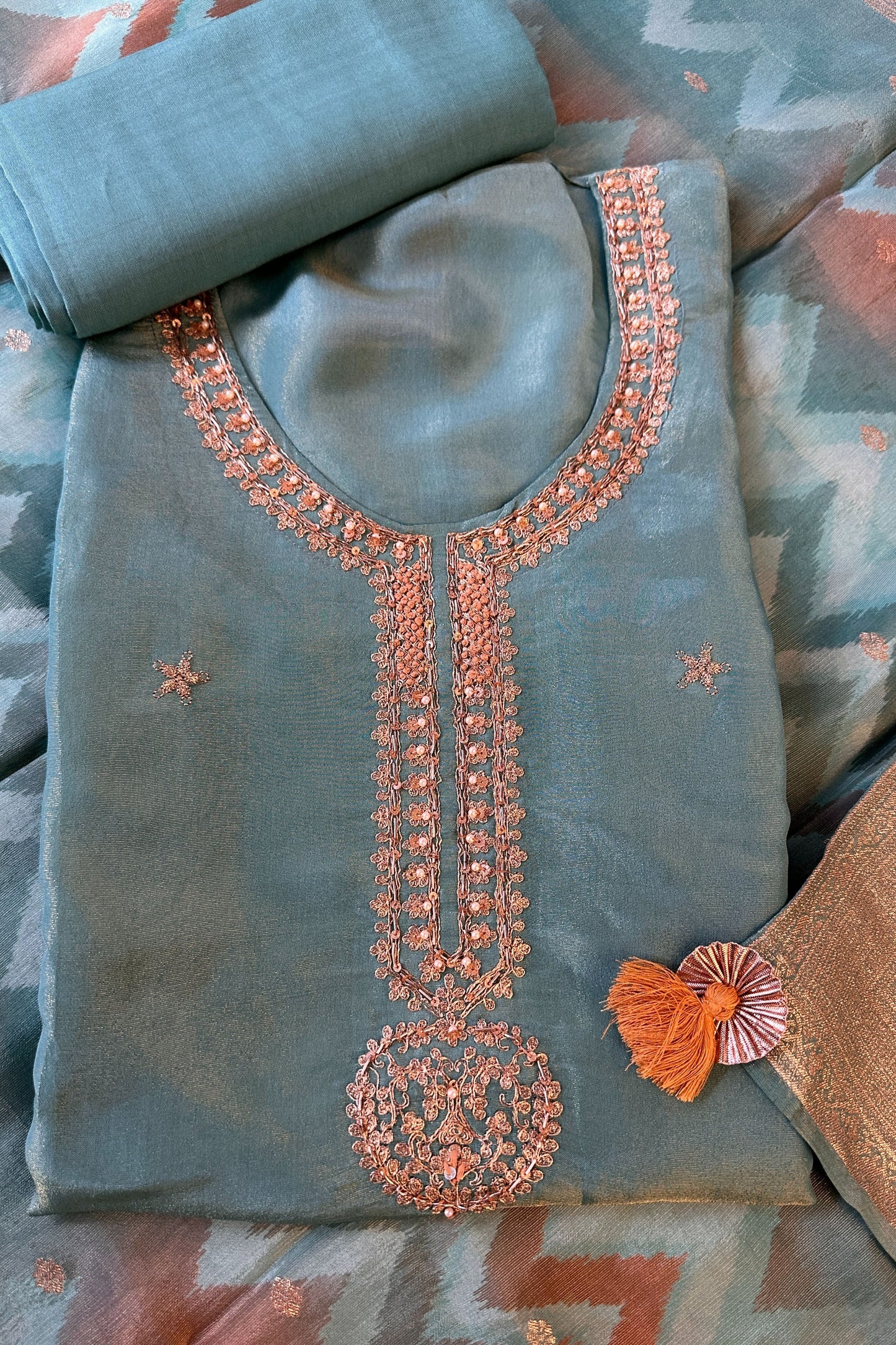 Aqua Green Silk Embroidered Semi Stitched Suit Set