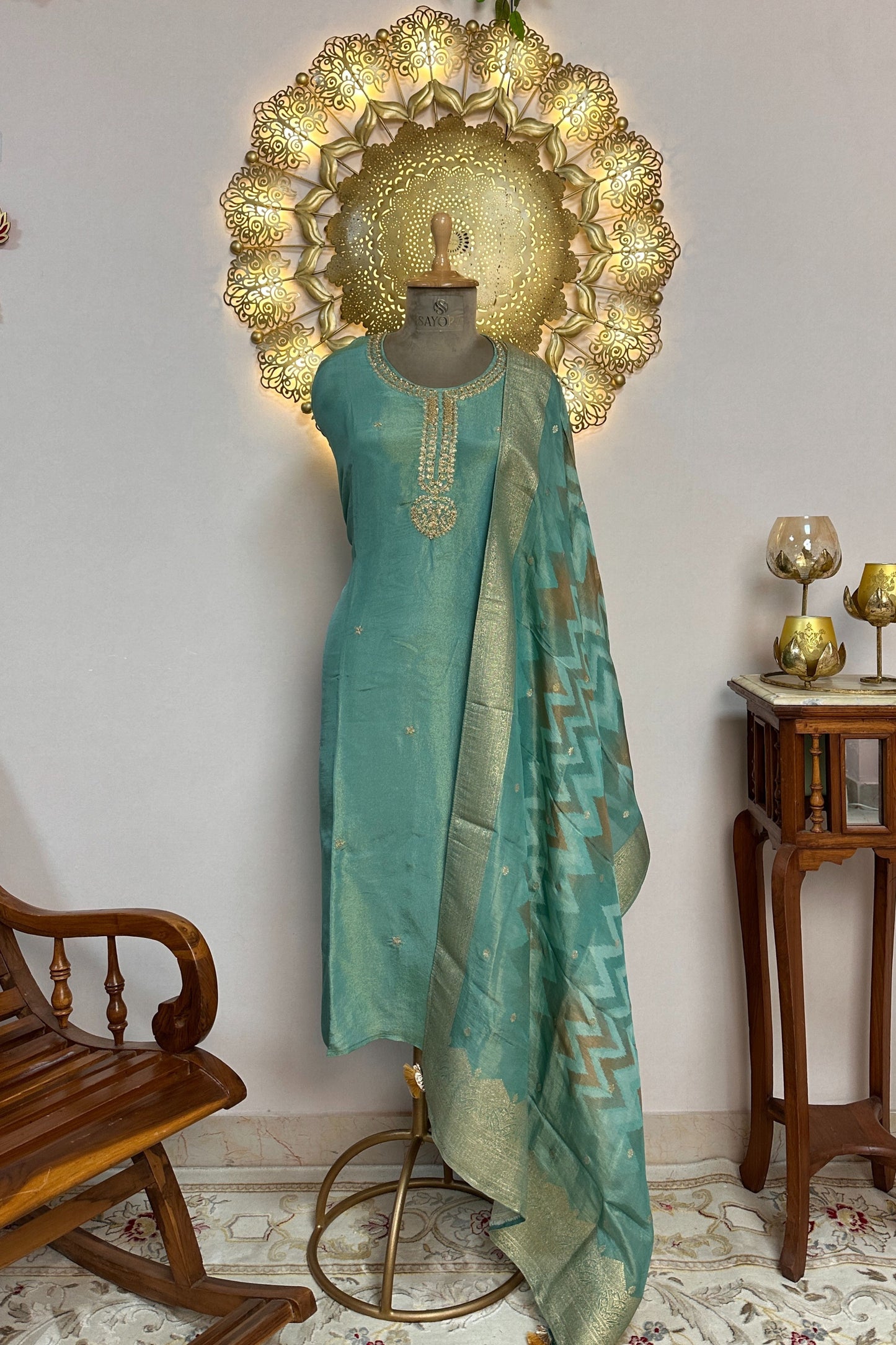Aqua Green Silk Embroidered Semi Stitched Suit Set