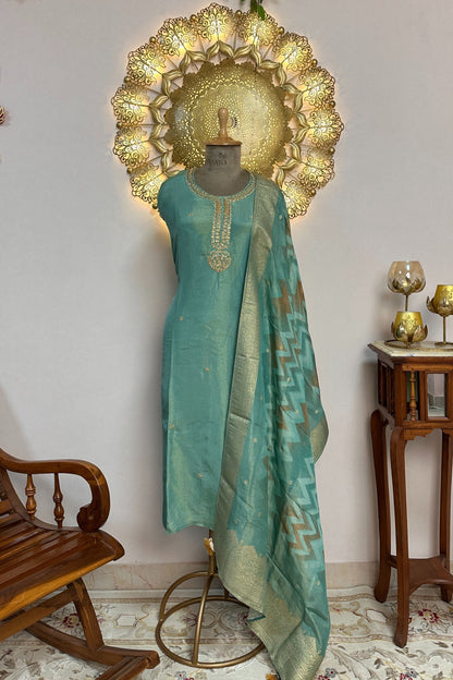 Aqua Green Silk Embroidered Semi Stitched Suit Set