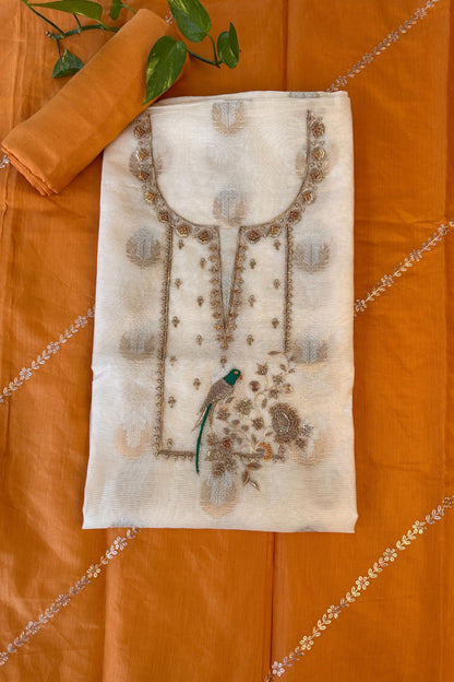 Banarasi Off-White and yellow Zardozi Hand Embroidered Unstitched Suit Set