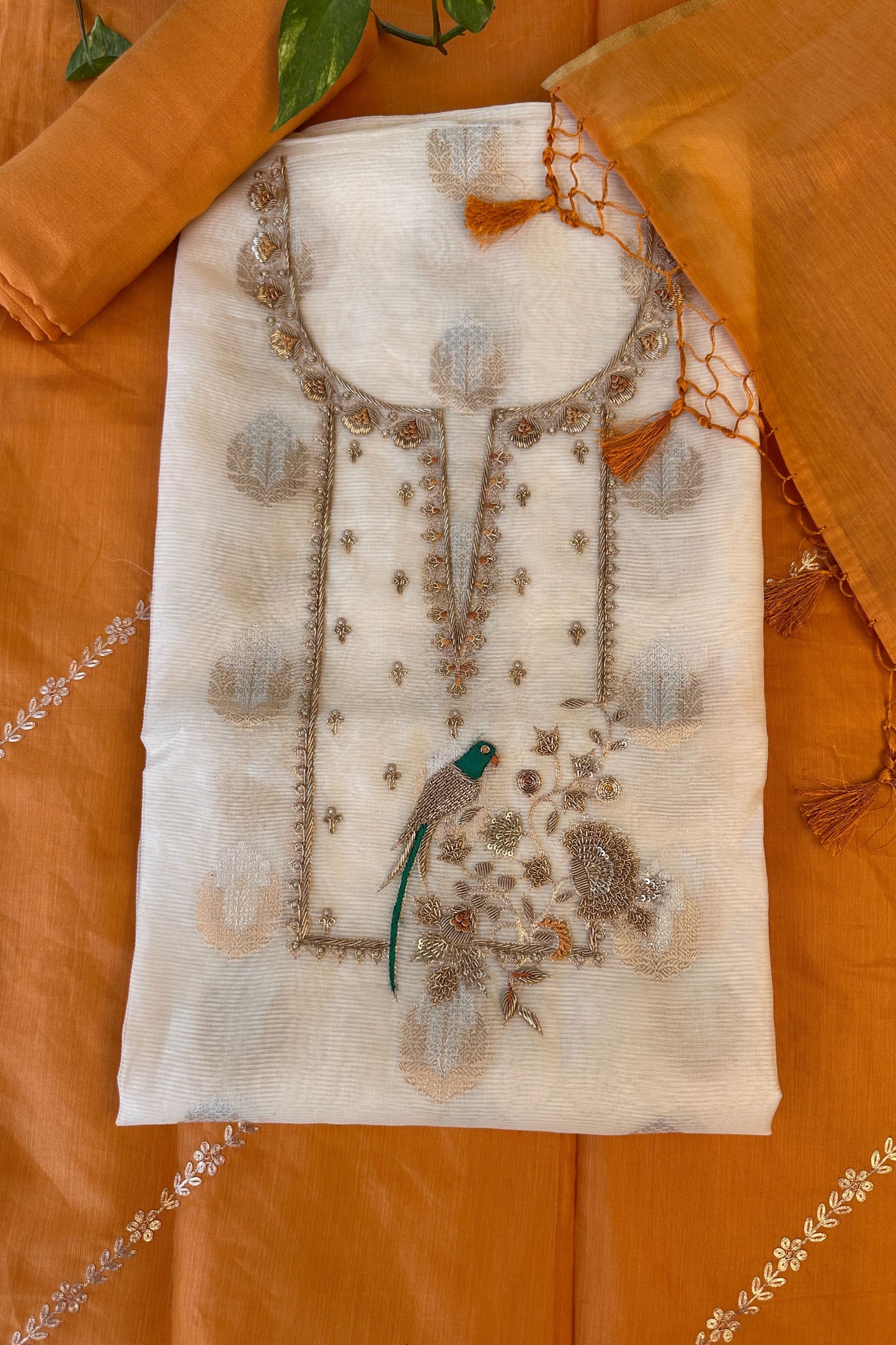 Banarasi Off-White and yellow Zardozi Hand Embroidered Unstitched Suit Set
