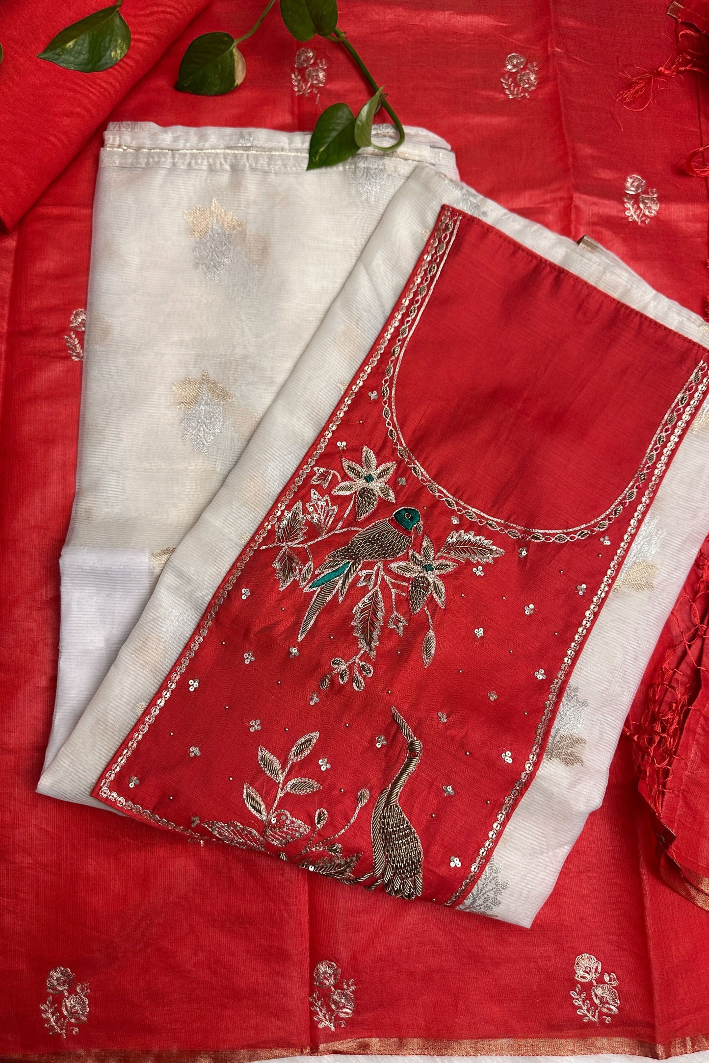 Banarasi Weaved Zardozi Embroidered Unstitched Suit Set With Contrast Dupatta