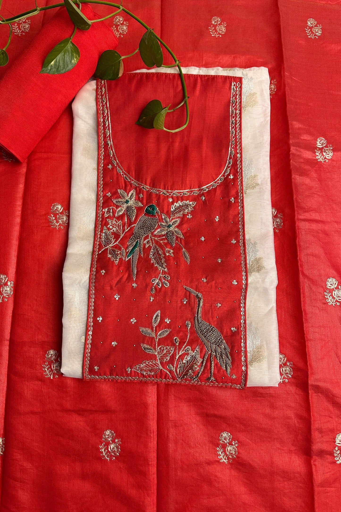 Banarasi Weaved Zardozi Embroidered Unstitched Suit Set With Contrast Dupatta