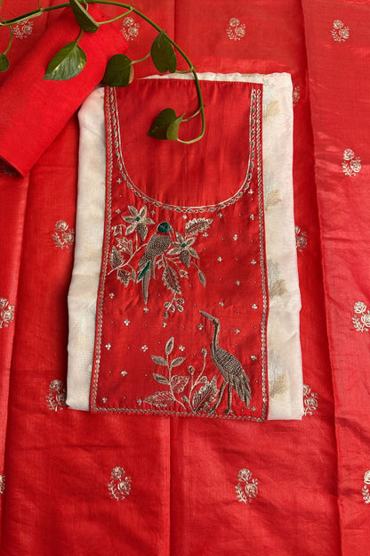 Banarasi Weaved Zardozi Embroidered Unstitched Suit Set With Contrast Dupatta