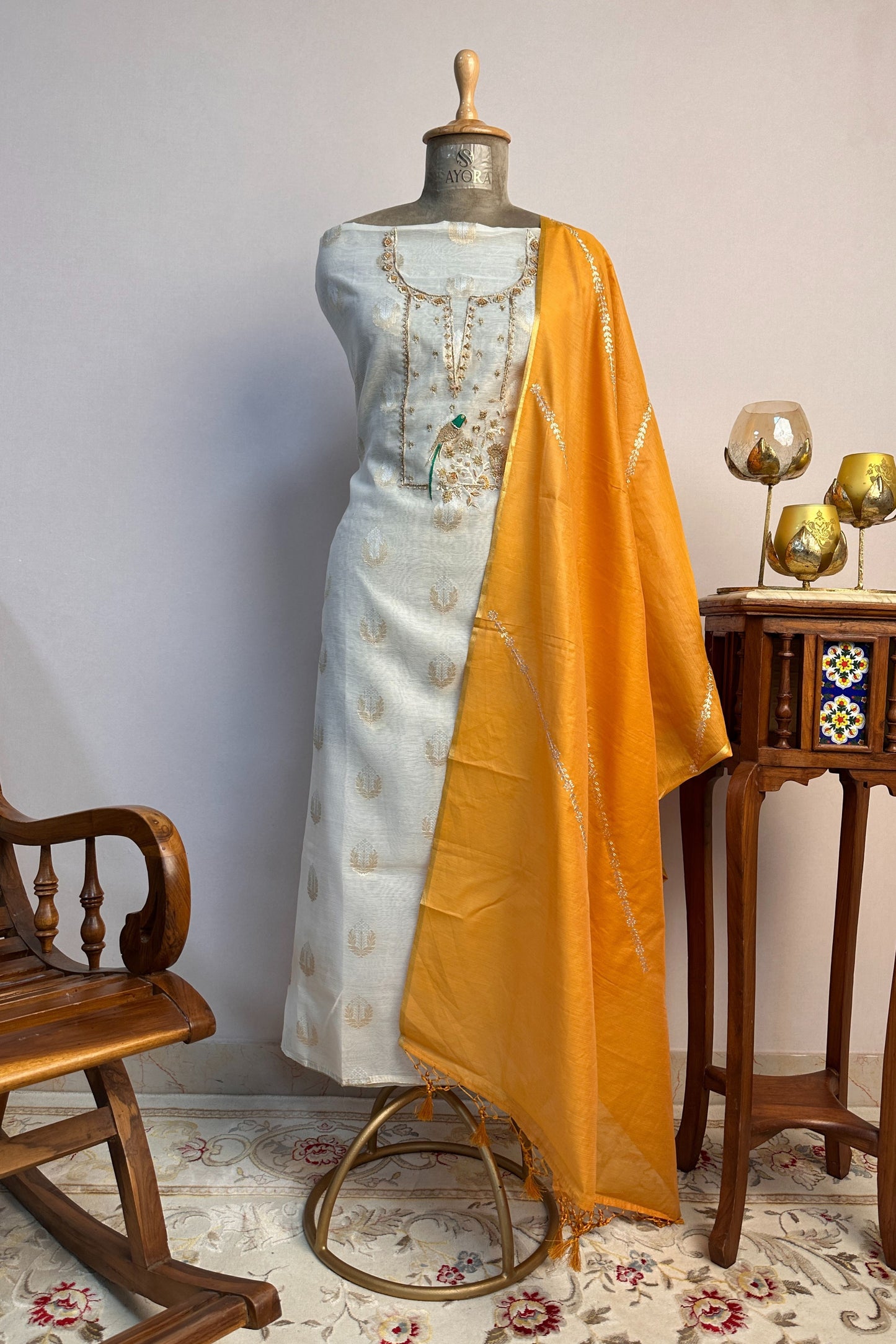 Banarasi Off-White and yellow Zardozi Hand Embroidered Unstitched Suit Set