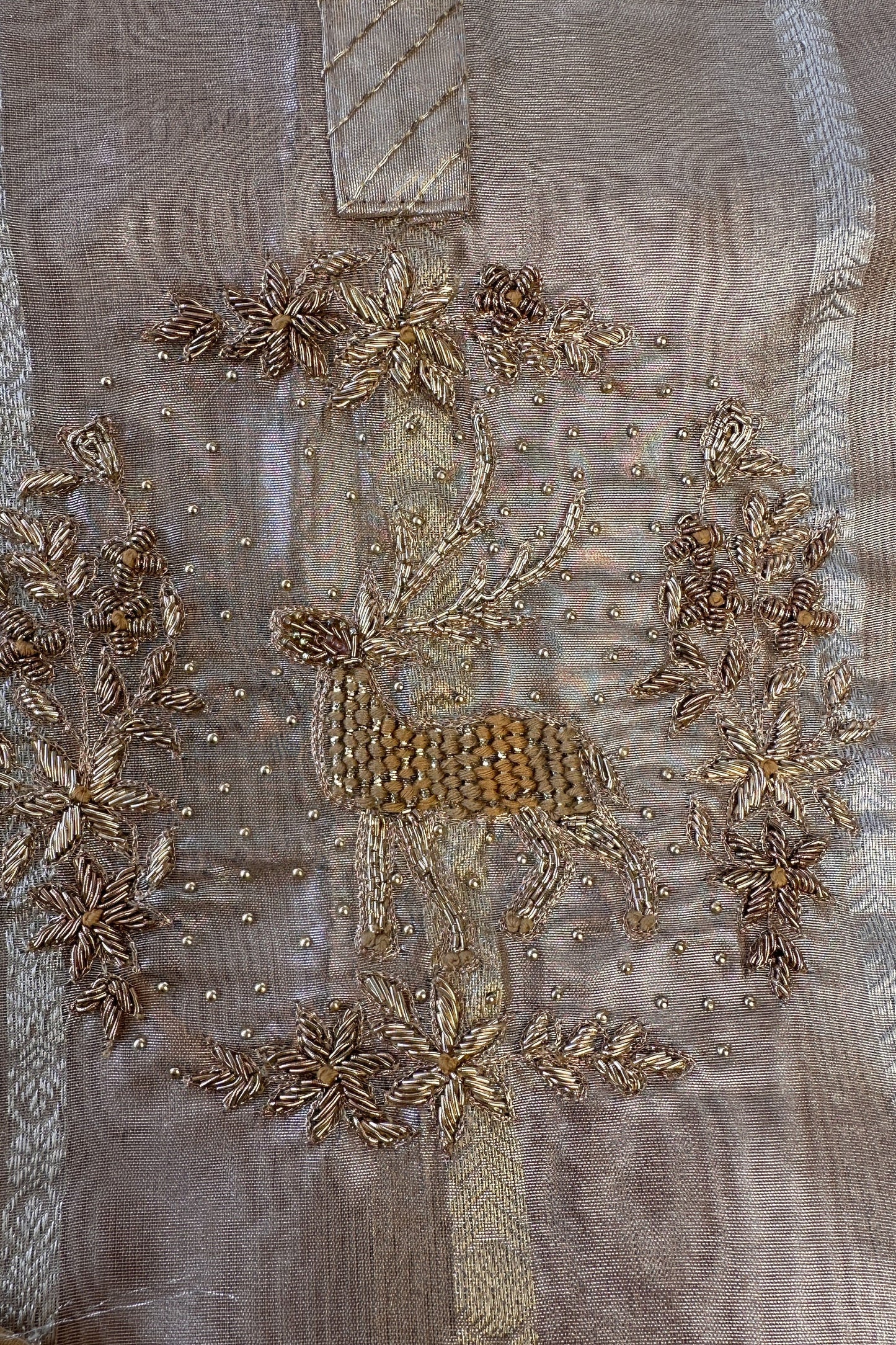 Banarasi Tissue Golden Dear Hand Embroidered Unstitched Suit Set
