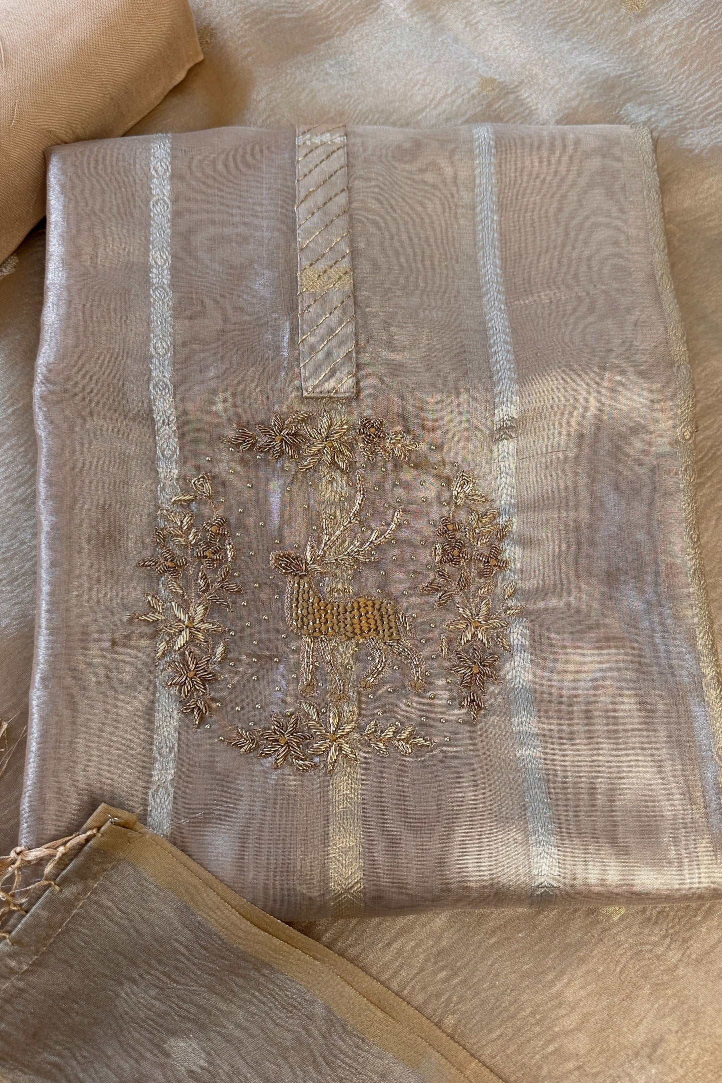 Banarasi Tissue Golden Dear Hand Embroidered Unstitched Suit Set