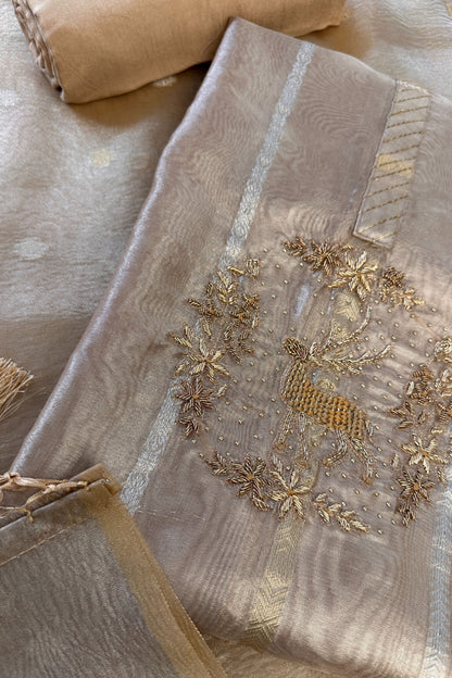 Banarasi Tissue Golden Dear Hand Embroidered Unstitched Suit Set