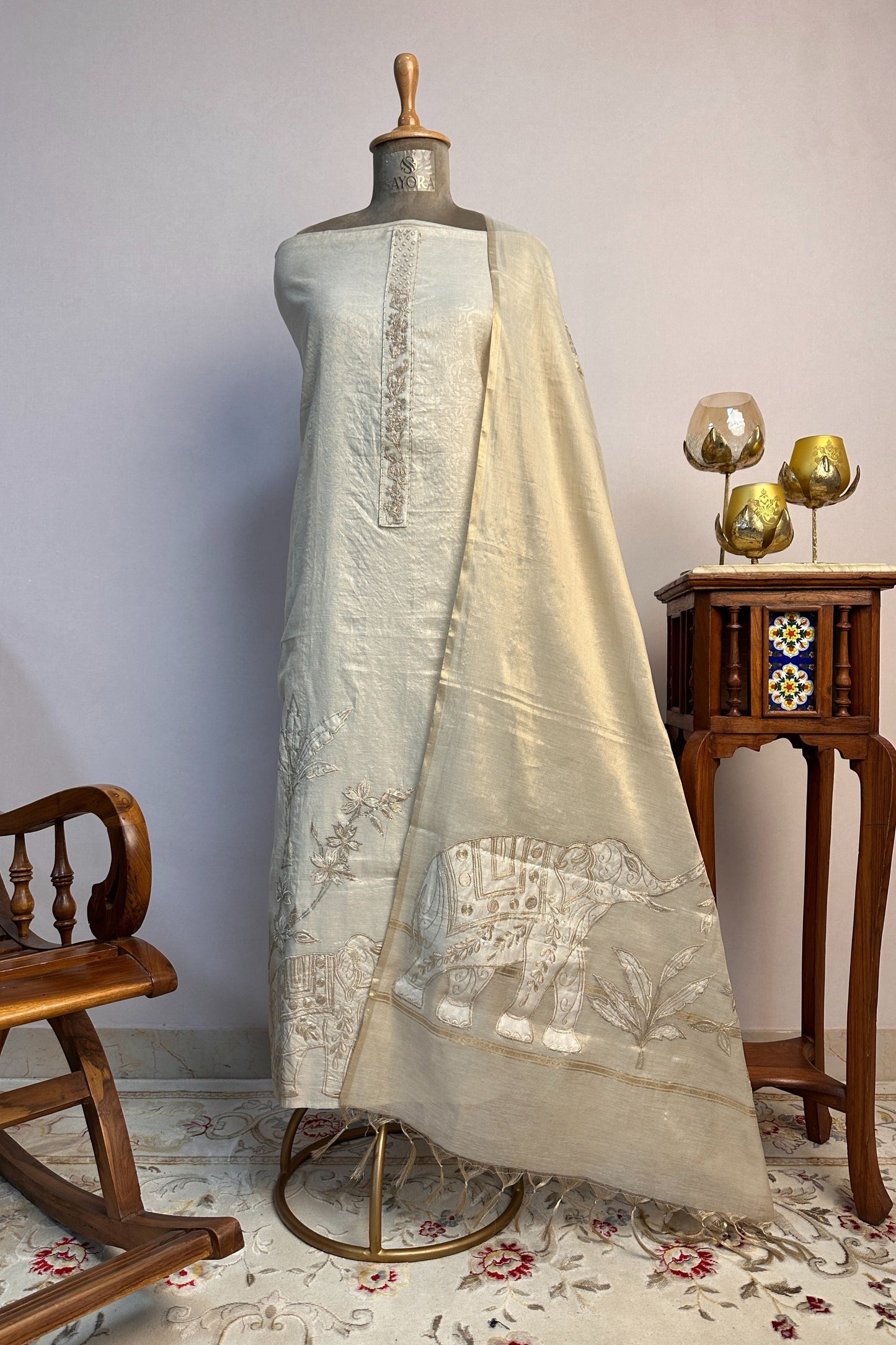 Banarasi Tissue Ivory Shaded Golden Thread Work Hand Embroidered Unstitched Suit Set