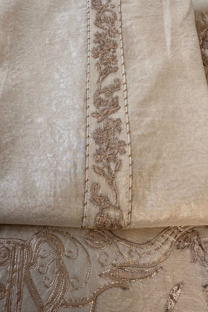Banarasi Tissue Ivory Shaded Golden Thread Work Hand Embroidered Unstitched Suit Set